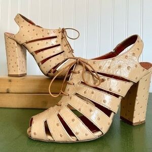 Charlotte Olympia Ostrich Lace Up Chunky Heeled Sandals